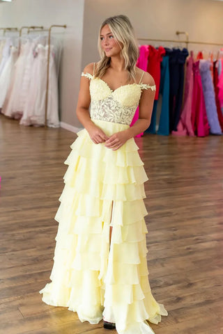 Off the Shoulder Layered Yellow/Red Lace Long Prom Dress with High Slit, Yellow/Red Lace Formal Graduation Evening Dress