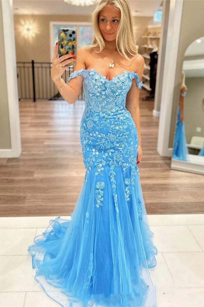 Off the Shoulder Mermaid Blue Lace Long Prom Dress, Mermaid Blue Formal Dress, Blue Lace Evening Dress A2311