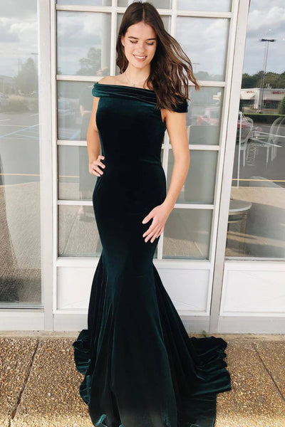 Off the Shoulder Mermaid Dark Green Velvet Long Prom Dress, Off Shoulder Green Formal Dress, Dark Green Evening Dress A2234