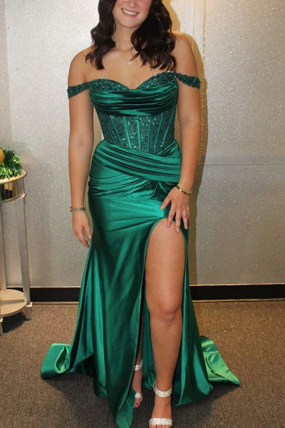 Off the Shoulder Mermaid Green Sequins Long Prom Dress with High Slit, Mermaid Green Formal Evening Dress with Train