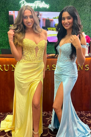 Off the Shoulder Mermaid Yellow/Blue Lace Long Prom Dress with High Slit, Yellow/Blue Lace Formal Graduation Evening Dress A2288