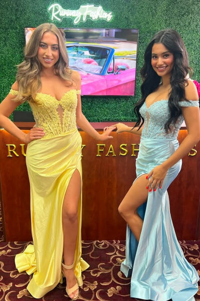 Off the Shoulder Mermaid Yellow/Blue Lace Long Prom Dress with High Slit, Yellow/Blue Lace Formal Graduation Evening Dress A2288