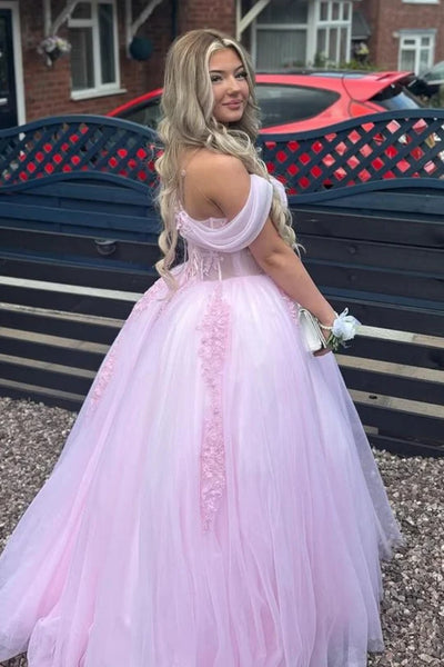 Off the Shoulder Pink Lace Long Prom Dress, Off the Shoulder Pink Formal Dress, Pink Tulle Evening Dress