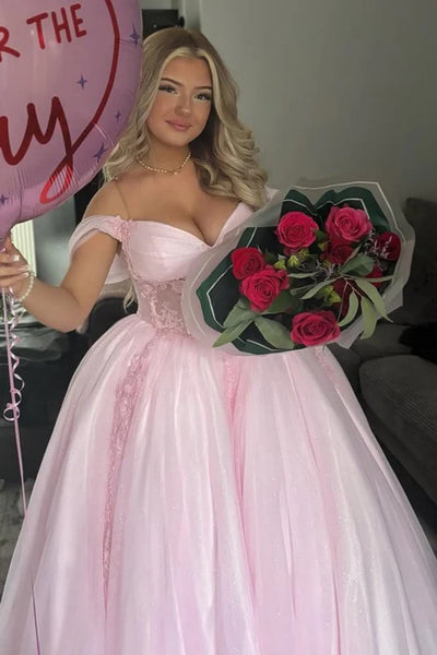 Off the Shoulder Pink Lace Long Prom Dress, Off the Shoulder Pink Formal Dress, Pink Tulle Evening Dress