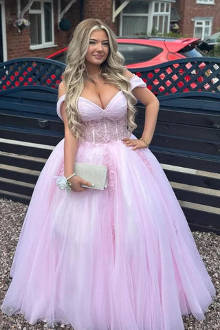 Off the Shoulder Pink Lace Long Prom Dress, Off the Shoulder Pink Formal Dress, Pink Tulle Evening Dress