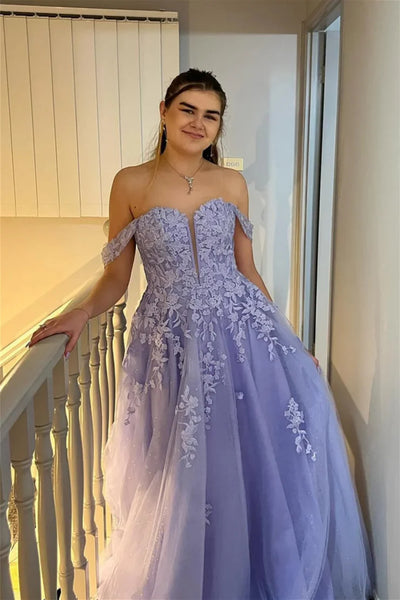 Off the Shoulder V Neck Lavender Lace Long Prom Dress, Lavender Lace Formal Dress, Lavender Evening Dress