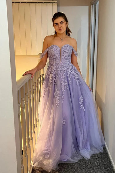 Off the Shoulder V Neck Lavender Lace Long Prom Dress, Lavender Lace Formal Dress, Lavender Evening Dress