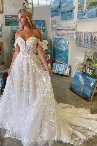 Off the Shoulder V Neck White Lace Long Prom Dress with Train, White Lace Wedding Dress, White Formal Evening Dress