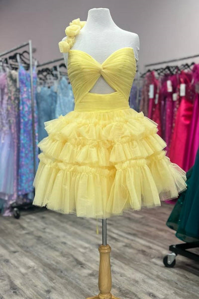 One Shoulder Floral Yellow Tulle Short Prom Dress, Yellow Homecoming Dress with 3D Flowers A2213