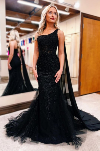 One Shoulder Mermaid Black Lace Long Prom Dresses with Train, Mermaid Black Formal Dresses, Black Lace Evening Dresses A2182