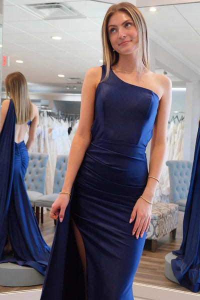 One Shoulder Mermaid Blue Satin Long Prom Dress with High Slit, Mermaid Blue Formal Graduation Evening Dress A2220