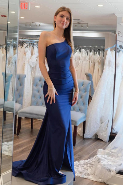 One Shoulder Mermaid Blue Satin Long Prom Dress with High Slit, Mermaid Blue Formal Graduation Evening Dress A2220