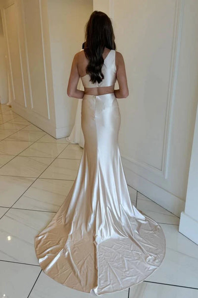 One Shoulder Mermaid Champagne Long Prom Dress with Train, Mermaid Champagne Formal Dress, Champagne Evening Dress A2172