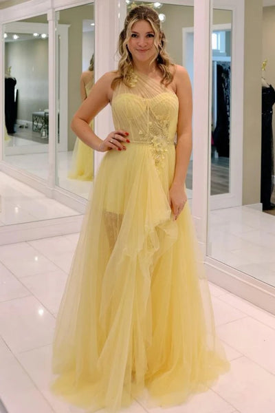 One Shoulder Yellow Tulle Long Prom Dress with Flowers, Long Yellow Formal Graduation Evening Dress A2214