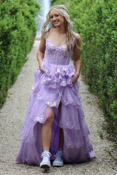 Open Back High Low Layered Lilac Lace Long Prom Dress, Purple Lace Formal Dress, Lilac Evening Dress A2245