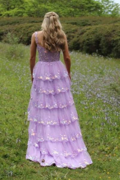 Open Back High Low Layered Lilac Lace Long Prom Dress, Purple Lace Formal Dress, Lilac Evening Dress A2245