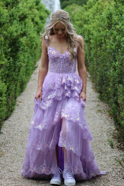 Open Back High Low Layered Lilac Lace Long Prom Dress, Purple Lace Formal Dress, Lilac Evening Dress A2245