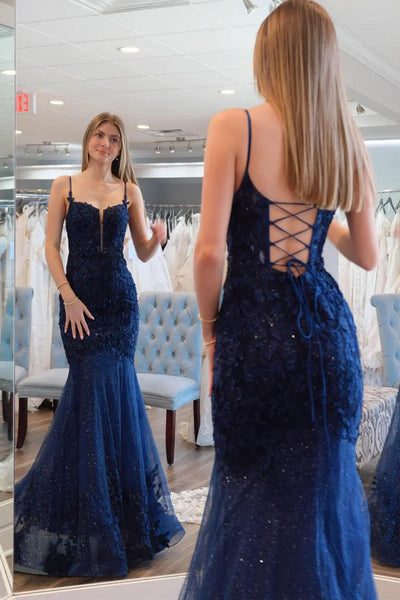 Open Back Mermaid Navy Blue Lace Long Prom Dress, Navy Blue Lace Formal Dress, Mermaid Evening Dress A2304