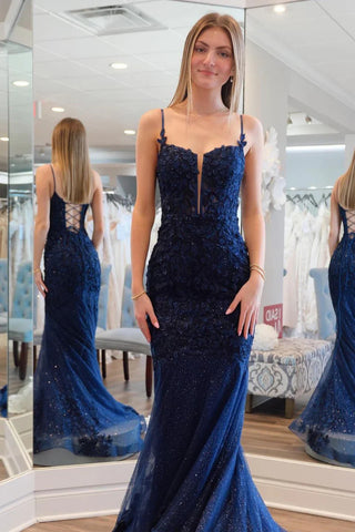 Open Back Mermaid Navy Blue Lace Long Prom Dress, Navy Blue Lace Formal Dress, Mermaid Evening Dress A2304