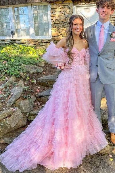 Princess Off Shoulder Pink Lace Long Prom Dress with High Slit, Off the Shoulder Pink Formal Dress, Pink Lace Evening Dress A2243