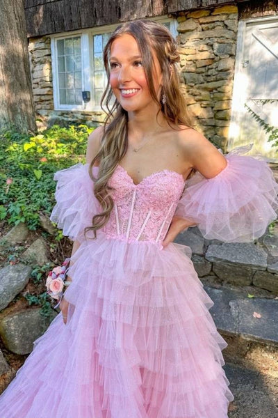 Princess Off Shoulder Pink Lace Long Prom Dress with High Slit, Off the Shoulder Pink Formal Dress, Pink Lace Evening Dress A2243