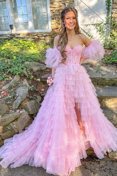 Princess Off Shoulder Pink Lace Long Prom Dress with High Slit, Off the Shoulder Pink Formal Dress, Pink Lace Evening Dress A2243