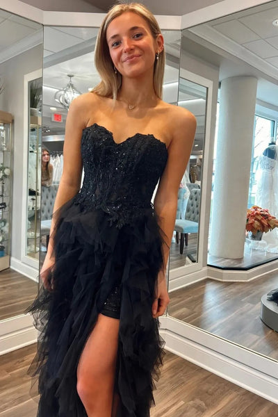 Princess Strapless Beaded Black Lace Ruffle Tulle Long Prom Dress with High Slit, Black Lace Formal Dress, Black Evening Dress A2251