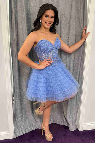 Princess Strapless Ruffle Blue Lace Prom Dress, Short Blue Lace Homecoming Dress, Blue Formal Graduation Evening Dress A2201