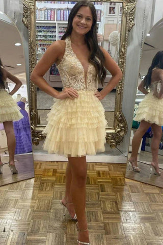 Princess V Neck Open Back Ruffle Yellow Lace Prom Dress, Short Yellow Lace Homecoming Dress A2199