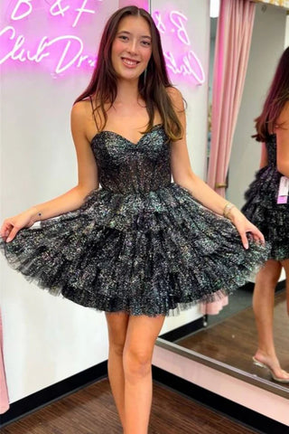 Shiny A Line Sweetheart Neck Black Tulle Short Prom Dress, Short Black Homecoming Dress A2209