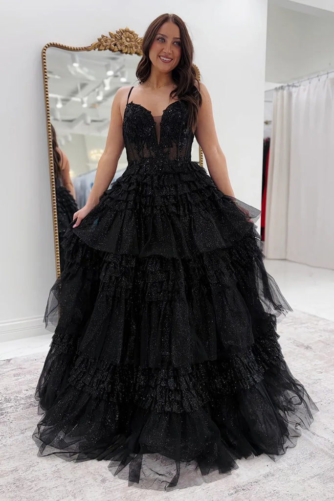 Shiny A Line V Neck Layered Black Lace Long Prom Dress, Black Lace Formal Dress, Black Evening Dress