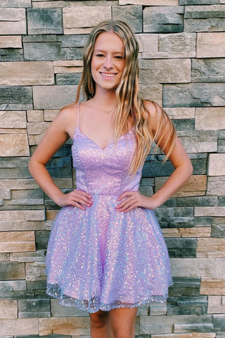 Shiny A Line V Neck Sequins Lilac Short Prom Dress, Short Lilac Homecoming Dress A2203