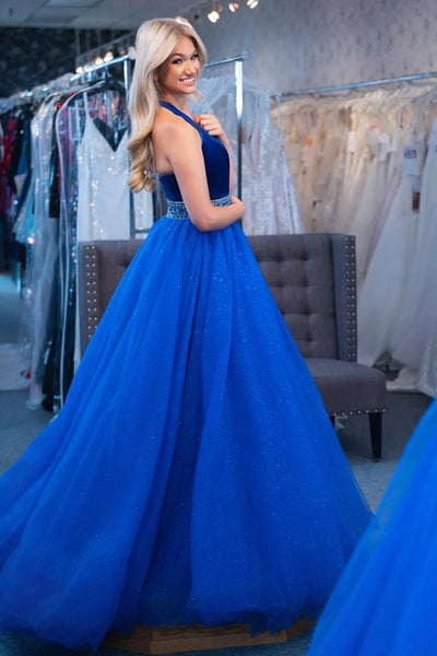 Shiny Halter V Neck Royal Blue Long Prom Dress with Belt, Royal Blue Formal Graduation Evening Dress with Velvet Top A2252