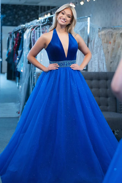 Shiny Halter V Neck Royal Blue Long Prom Dress with Belt, Royal Blue Formal Graduation Evening Dress with Velvet Top A2252