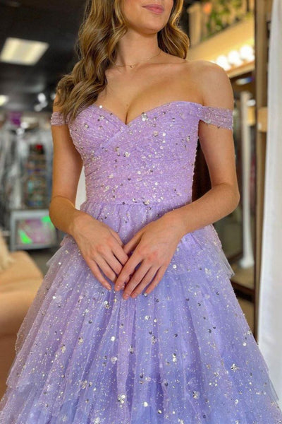 Shiny Off the Shoulder Layered Lilac Tulle Long Prom Dress, Off the Shoulder Formal Dress, Lilac Evening Dress A2303