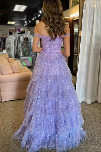 Shiny Off the Shoulder Layered Lilac Tulle Long Prom Dress, Off the Shoulder Formal Dress, Lilac Evening Dress A2303