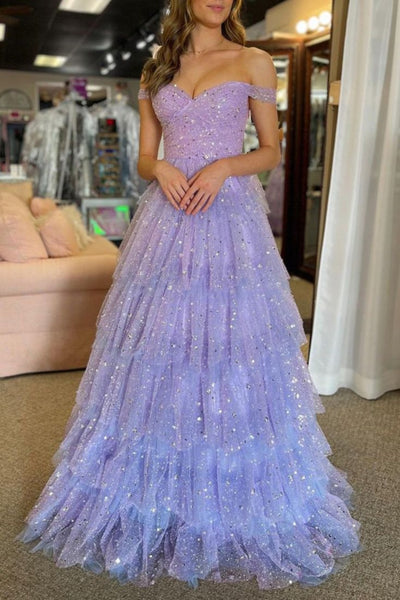 Shiny Off the Shoulder Layered Lilac Tulle Long Prom Dress, Off the Shoulder Formal Dress, Lilac Evening Dress A2303