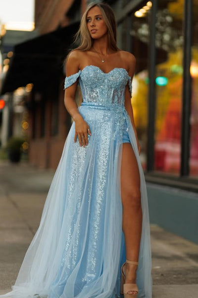 Shiny Off the Shoulder Light Blue Lace Long Prom Dress with High Slit, Off the Shoulder Blue Formal Dress, Blue Lace Evening Dress