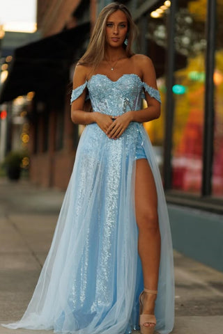 Shiny Off the Shoulder Light Blue Lace Long Prom Dress with High Slit, Off the Shoulder Blue Formal Dress, Blue Lace Evening Dress