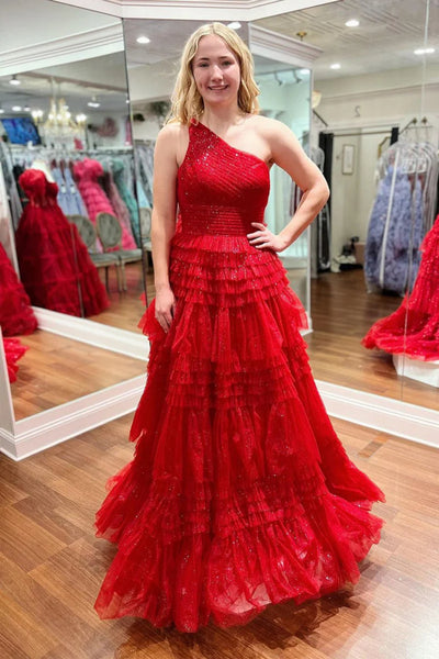 Shiny One Shoulder Layered Red Tulle Long Prom Dress, One Shoulder Red Formal Dress, Red Evening Dress A2202