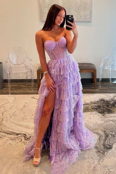 Shiny Strapless Sweetheart Neck Layered Lilac Long Prom Dress, Long Purple Formal Graduation Evening Dress A2273