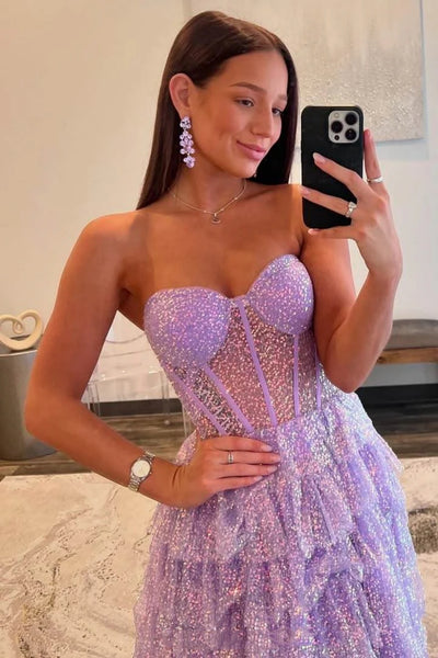 Shiny Strapless Sweetheart Neck Layered Lilac Long Prom Dress, Long Purple Formal Graduation Evening Dress A2273