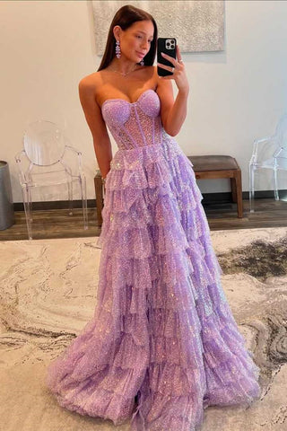 Shiny Strapless Sweetheart Neck Layered Lilac Long Prom Dress, Long Purple Formal Graduation Evening Dress A2273