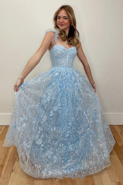 Shiny Sweetheart Neck Light Blue Lace Floral Long Prom Dress, Light Blue Lace Formal Dress, Light Blue Evening Dress with 3D Flowers A2297