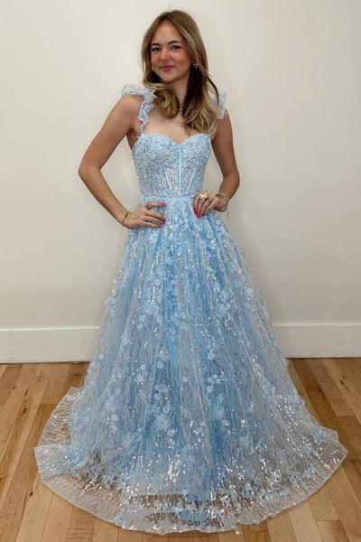 Shiny Sweetheart Neck Light Blue Lace Floral Long Prom Dress, Light Blue Lace Formal Dress, Light Blue Evening Dress with 3D Flowers A2297