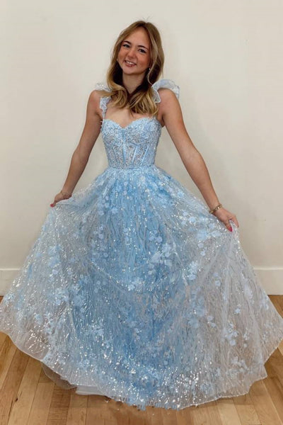 Shiny Sweetheart Neck Light Blue Lace Floral Long Prom Dress, Light Blue Lace Formal Dress, Light Blue Evening Dress with 3D Flowers A2297