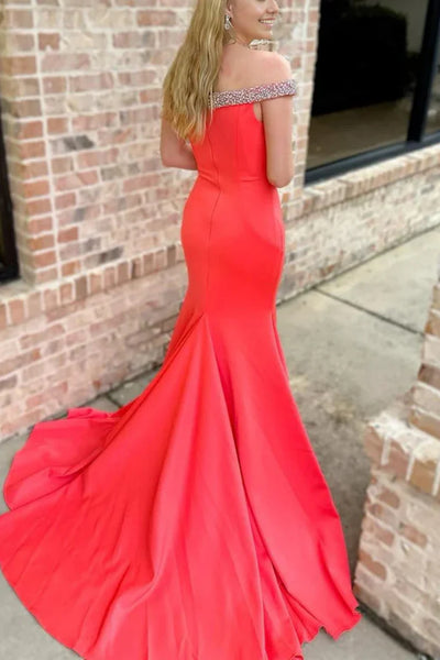 Simple Off Shoulder Mermaid Red Satin Long Prom Dress with Train, Long Red Formal Graduation Evening Dress with Beads A2250