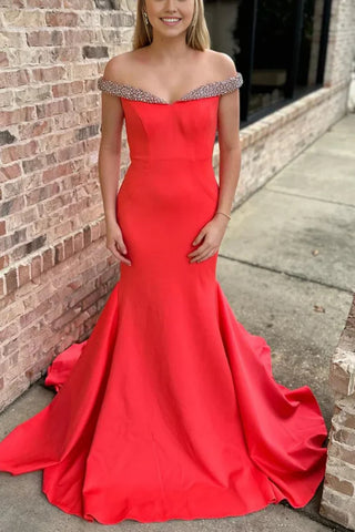 Simple Off Shoulder Mermaid Red Satin Long Prom Dress with Train, Long Red Formal Graduation Evening Dress with Beads A2250