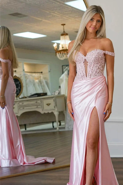 Simple Off Shoulder Pink lace Long Prom Dress with High Slit, Pink Lace Formal Dress, Long Pink Evening Dress A2258