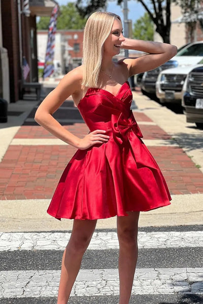 Simple Strapless Red Short Prom Dress, Short Red Homecoming Dress with Pocket A2205